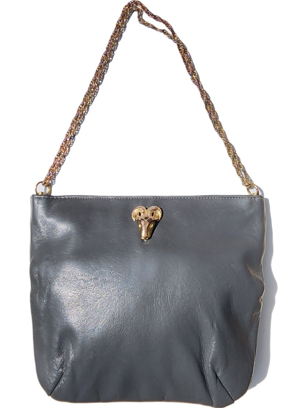 Vintage Stacy’s Chicago Gray Leather Ram Head Chain Shoulder Bag
